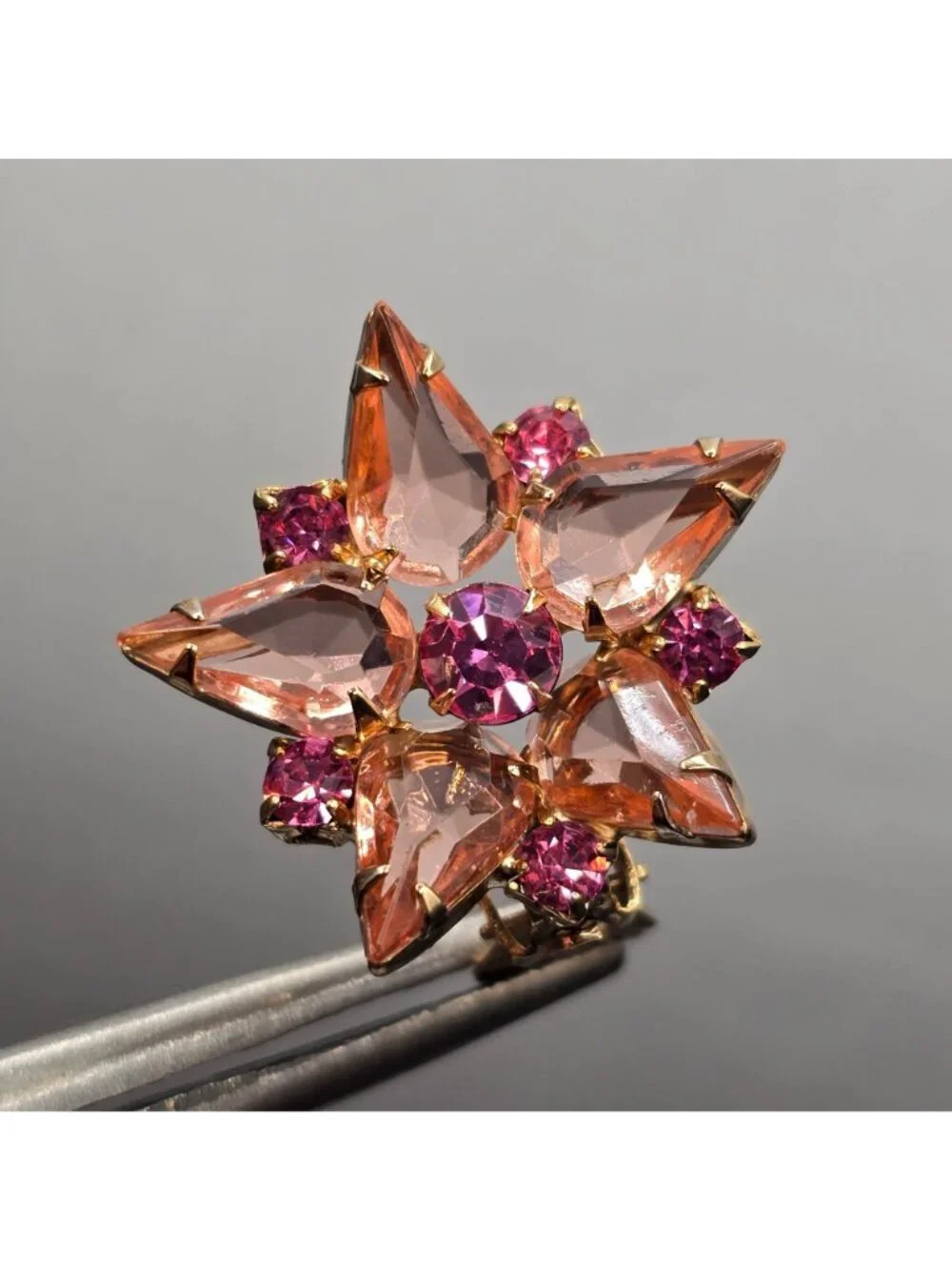 Vintage Pink Rhinestone Starburst Clip On Earrings Peach Mid Century Modern